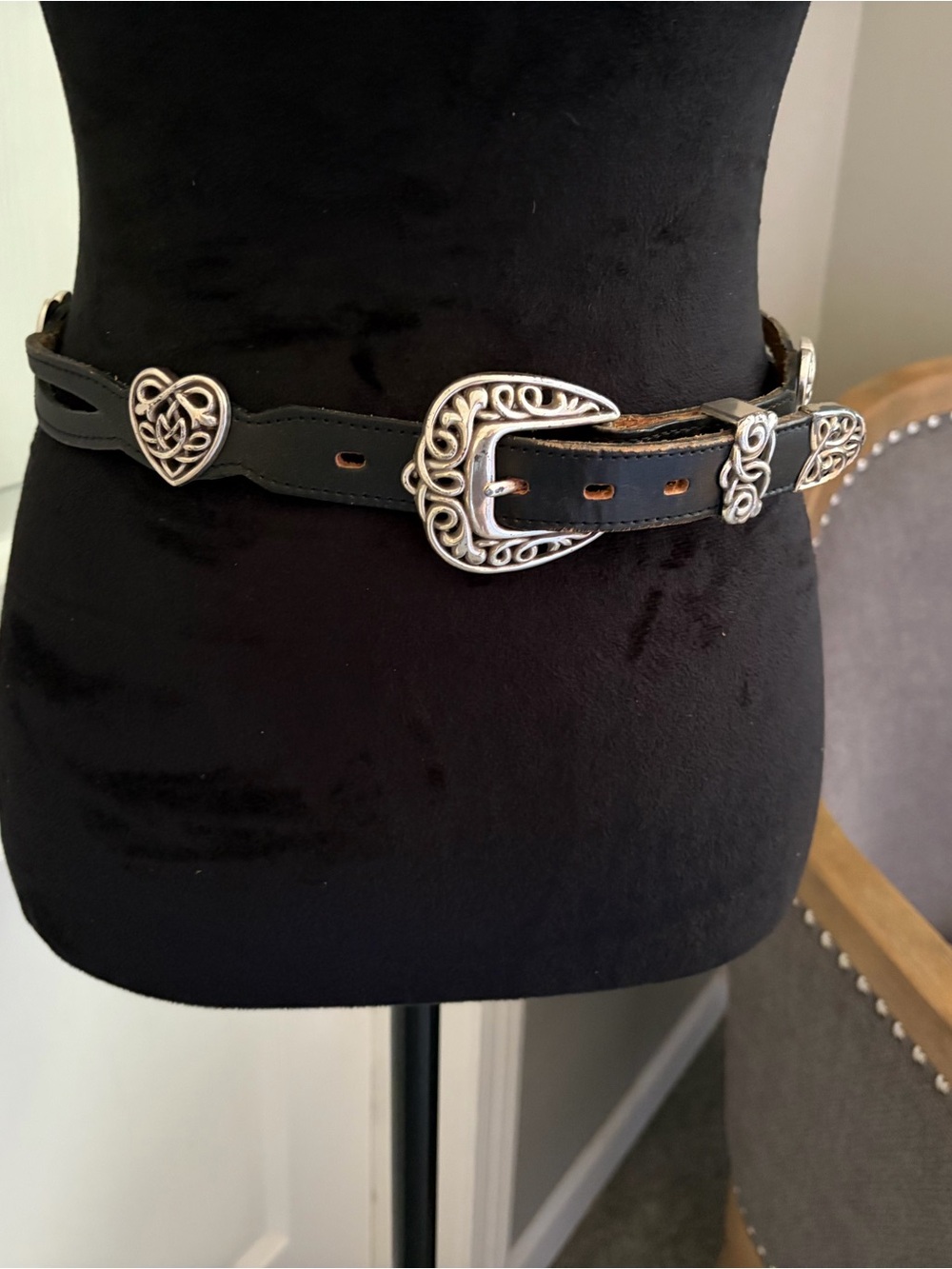 Nocona Black Leather Belt with Silver Celtic Heart Accents